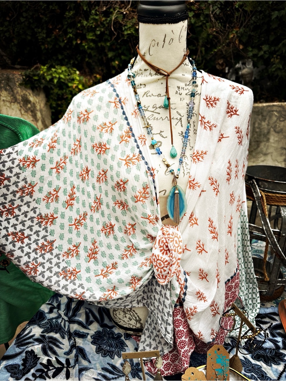 Coral branch patchwork print kimono